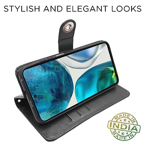 Image of Pikkme Moto G52 / G82 5G Flip Cover Leather Finish | Inside TPU with Card Pockets | Wallet Stand and Shock Proof | Complete Protection Button Flip Case (Black)