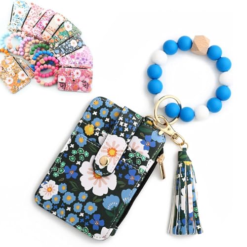 Image of Women's Boho Beaded Wristlet Wallet, Flower Pattern Tassel Keychain Wallet, Small Compartment Credit Card Holder Purse (Dark Blue)