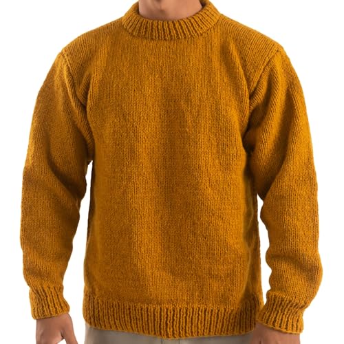 Nepal Wool Sweater for Men - Crewneck Ribbed Edges Jumper, Chunky Winter Woolen Pullover, Mustard Yellow