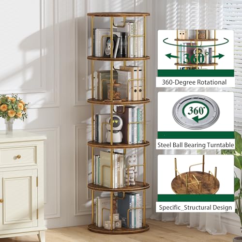 5Tier Rotating Bookshelf, 360 ° Display Stackable Spinning Bookshelf Tower,Round Space Saving Tall Floor Standing Swivel Bookcase Corner Storage Organizer for Bedroom/Living Room/Office,Gold - Image 4