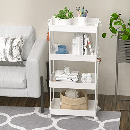 Image of SPACELEAD 4 Tier Rolling Cart with Wheels, Storage Craft Art Trolley Organizer Serving, 3 Hanging Baskets Easy Assembly, for Office, Living Room, Kitchen