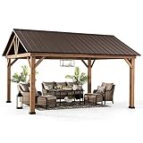 Sunjoy Galleria Collection 13 ft. x 15 ft. Cedar Framed Wood Gazebo with Steel Gable Roof Hardtop, B