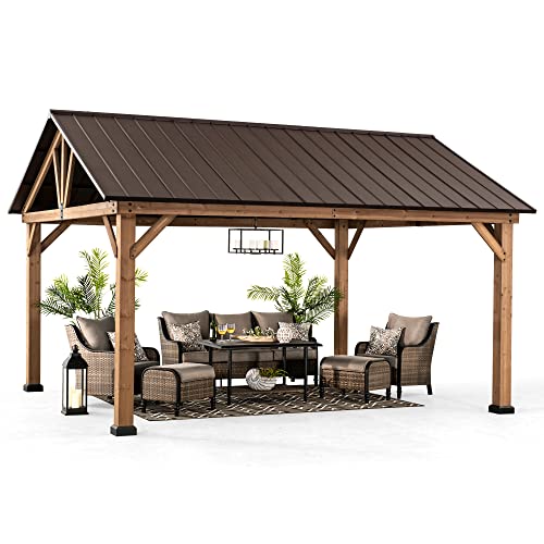 Sunjoy Galleria Collection 13 Ft. X 15 Ft. Cedar Framed Wood Gazebo With Steel Gable Roof Hardtop, Brown #TOP18