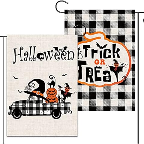 2 Pcs Buffalo Check Halloween Garden Flags 12x18, Festive Witch Hat Scarecrow Pumpkin Scary Garden Decor, Double-Sided Burlap Decorative Farm Truck Outdoor Decorations Fall Yard Flag Cover
