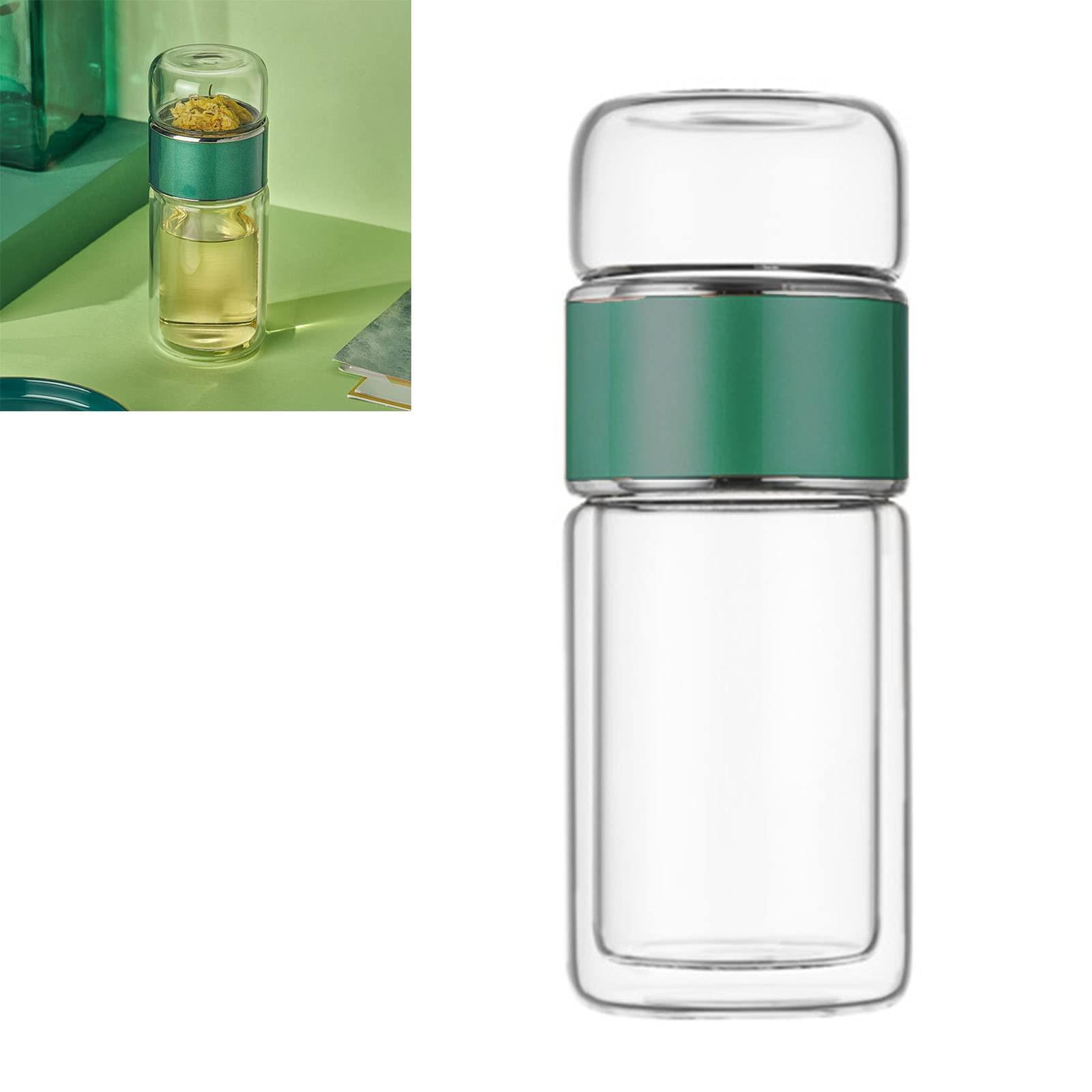 Tea Infuser Bottle, 420ml/14oz Double Wall Glass Tea Bottle Stainless Steel Tea Infuser Travel Tea Mug with Infuser for Travel Home (Green)