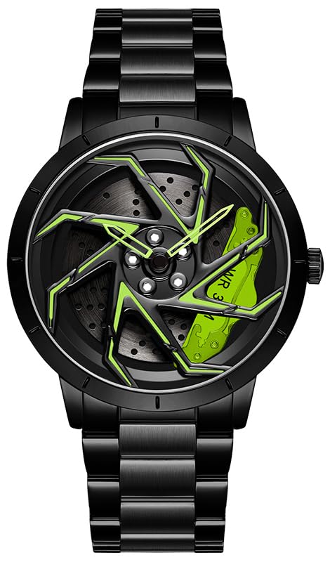 Image of FANMIS Men's Racing Car Wheel Watch 3D Spinning Dial Stainless Steel Watch | Creative 3D Spinning Car Quartz Large Skeleton Face and 30M Water Resistance Designed for Car Fans and Daily Wear.