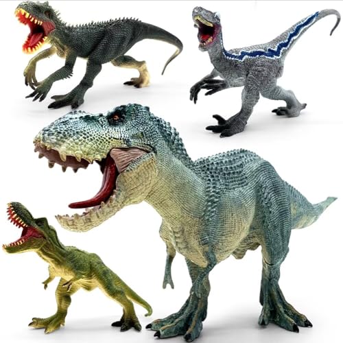 BIROHOSR 4PCS Dinosaur Toys Set Realistic Dinosaur Figures with Movable Mouth King Kong T-Rex Indominus Rex Velociraptor T-Rex Action Figures Solid Plastic Dinosaur Playset