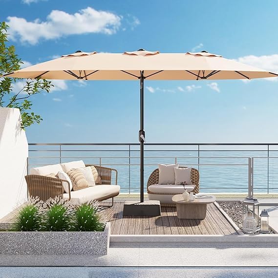 15Ft Large Outdoor Double-Sided Market Umbrella with Base - Crank Handle, UV Protection, Heavy Duty Patio Umbrella for Poolside, Deck, Yard & Commercial Use, Durable Table Umbrella for Picnic Tables & Sun Safety