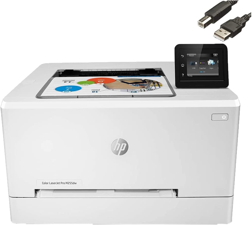 HP Color Laserjet Pro M255dw Wireless Laser Printer-Remote Mobile Print, Auto 2-Sided Printing,22 ppm, 250-Sheet,Compatible with Alexa, White-Bundle with Ahaghug Printer Cable.