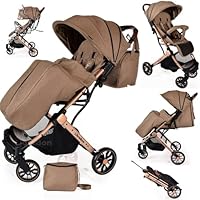 Baby Pushchair, Lightweight Stroller, Compact Travel Buggy, One Hand Foldable, Five-Point Harness, Foot Cover, Mommy Bag, Rain Cover, All Year Round (Khaki - Rose Gold Frame)