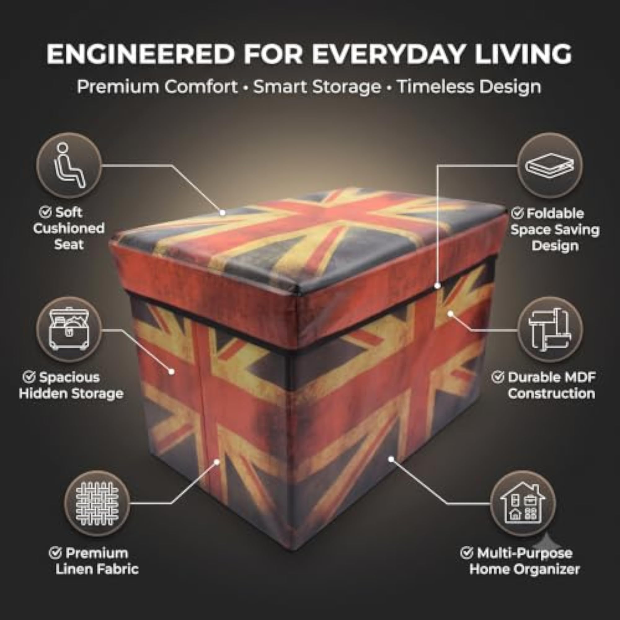 Foldable Ottoman Storage Stool with Cushion Seat