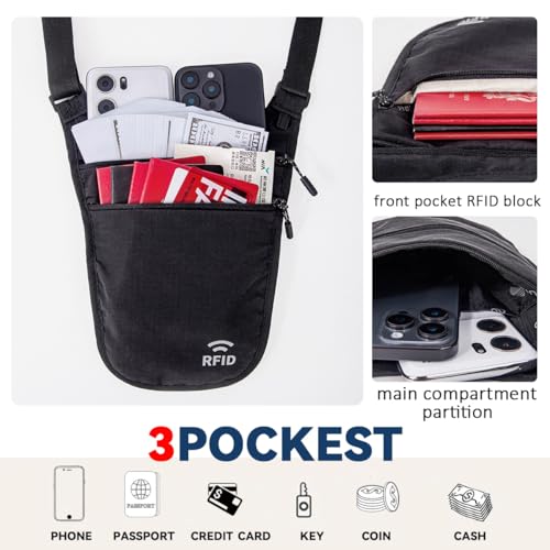 crossbody money belt for travel women amp men hidden travel wallet pouch - slim passport holde rfid blocking neck wallet under clothes to protect cash credit cards and documents black