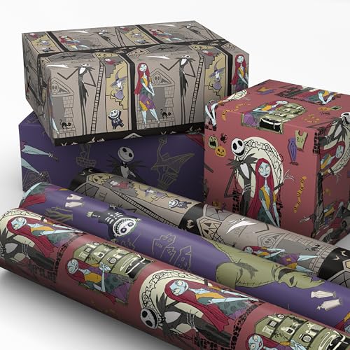 Hallmark Nightmare Before Christmas Wrapping Paper Mini Rolls 3-Pack (Jack Skellington Sally Zero on Pink Purple Black) for Birthdays Valentines Day Halloween Any Occasion - 45 Sq. Ft. Total