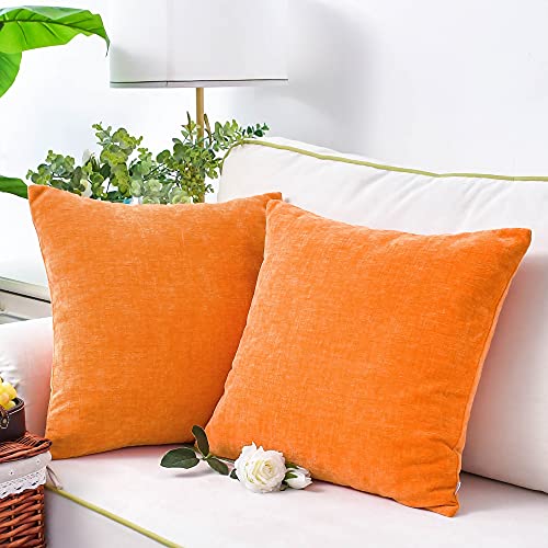 Image of CaliTime Pack of 2 Cozy Throw Pillow Covers Cases for Couch Sofa Home Decoration Solid Dyed Soft Chenille 18 X 18 Inches Bright Orange