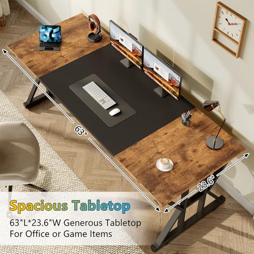 Image of 63 inch Large Computer Desk with Thickened Frame for Home Office, Living Room | Modern Simple Executive Desk, Larger Gaming Desk with X-Shaped ReInchforcement, Rustic Brown /Black