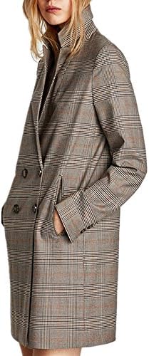 Women Checked Double-Breasted Houndstooth Long Blazer Coat