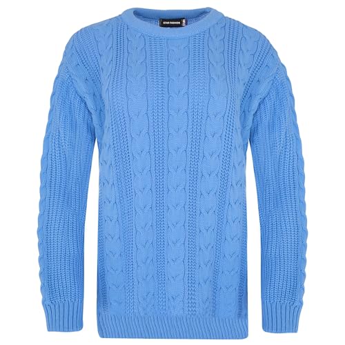 Image of STAR FASHION Women's Acrylic Jumper Sweater Long Sleeve Knitted Chain Link Pattern On Front Back Ladies Crew Neck Thick Knit Winter Cardigan Sky Blue Large
