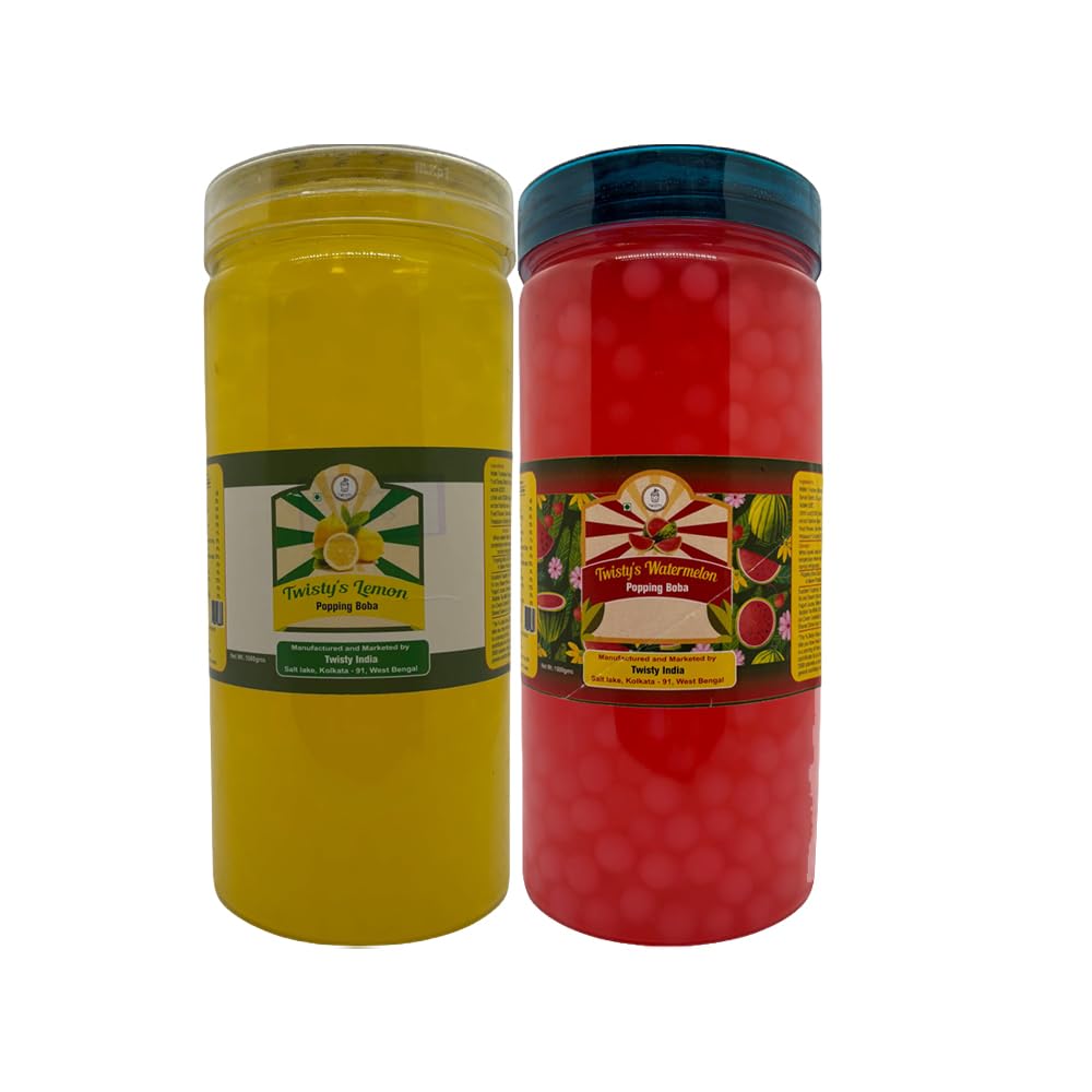 Twisty The Boba Station® Boba Combo Pack of 2 | Popping Boba Lemon & Watermelon Flavors 1 Kg Each for Bubble Tea, Milkshakes, Ice Cream & Yogurt | Vegan, 20 Straws Included