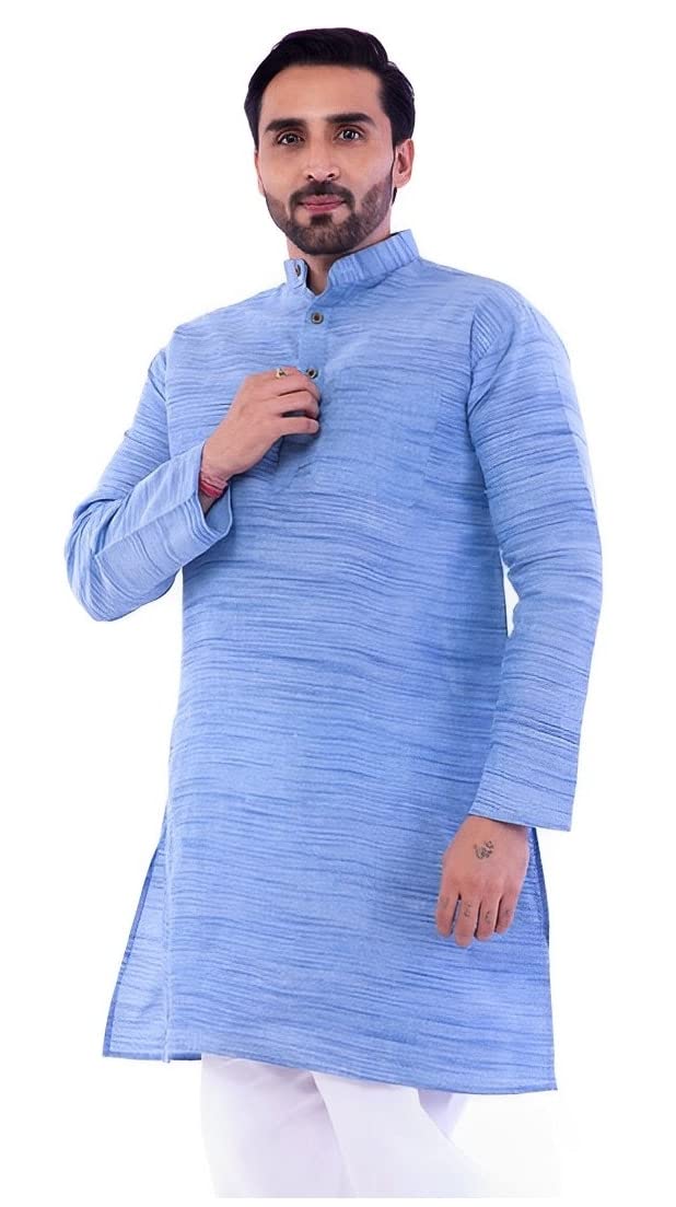 aaryavar Men's Khadie Cotton Relaxed Kurta - Melange Blue Color-picture-41