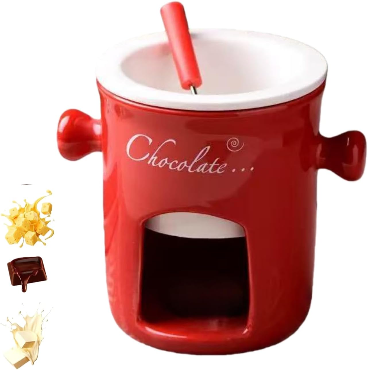 Chocolate Fondue Mug Set with Fork, 5.3 Inch Chocolate Melting Cup & Fondue Cup, Ceramic Melting Chocolate Mug for Tea Candle, Red Chocolate Fondue Set for Cheese Butter Caramel