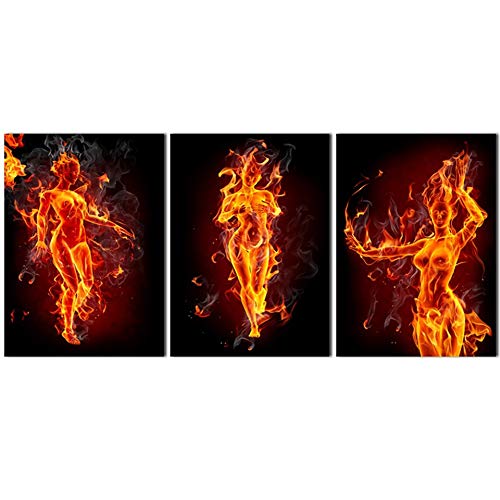 Toile femme flamme 3 pièces pour habiller un grand mur vide de salon