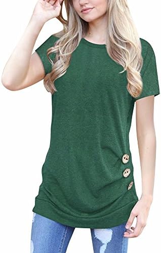 TWGONE Short Sleeve Tunics for Women to Wear with Leggings Loose Button Trim Blouse Solid Color Round Neck T-Shirt(XX-Large,Green)