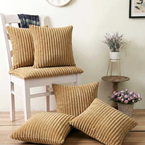 Image of Yellow Weaves Pencil-Stripe Fur Cushion Covers | Soft Polyester | Decorative Sofa & Throw Pillow Covers | 16x16 Inches, Pack of 5 (Golden Brown)