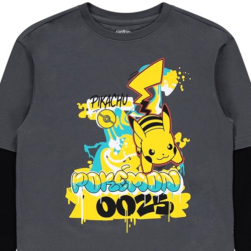 Pokémon Pikachu Boys’ Long Sleeve Twofer T-Shirt – Graffiti Everywhere Graphic Tee, Sizes XS–XL Charcoal/Black by Mad Engine - Used condition - Image 5