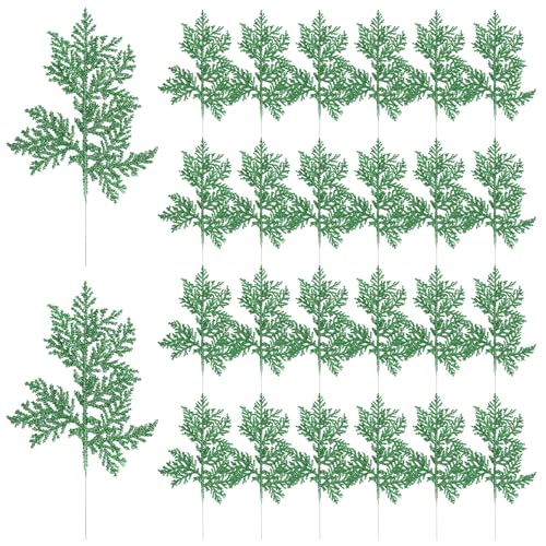 DIYASY Artificial Glitter Fern Leaf, 11'' Christmas Tree Filler Branches Floral Picks Pine Needles Fake Twigs Leaves Ornaments for Xmas Tree Holiday Wreath Home Decorations (Green)