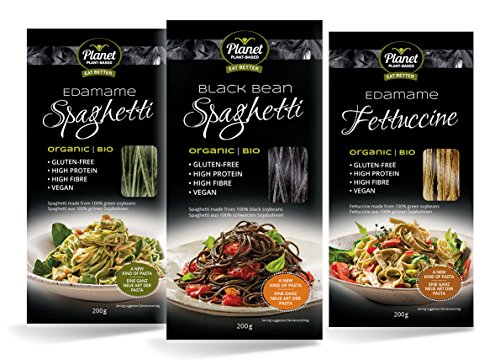 Planet Plant-Based pâtes protéiques 3pack: Edamame Spaghetti, Edamame Fettuccine et Black Bean Spaghetti. Produit 100% soja bio vertes ou noires. Végétalien, Biologique, Sans gluten
