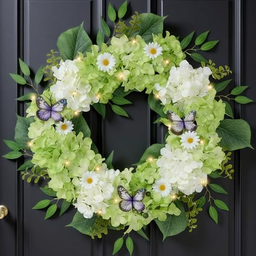 Valery Madelyn Collapsible Spring Summer Wreath for Front Door with Light,Silk Green White Hydrangeas Floral Wreath with Eucalyptus Leaves Butterfly for Fall Home Porch Window Wedding Wall Decor-24''