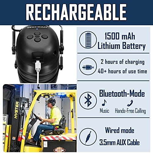 PROHEAR 037 Wireless Bluetooth Ear Defenders, Rechargeable Hands-Free Calling Headset, Safety Earmuffs for Lawn Mowing, Hearing Protector for Woodworking, Carpenter, Gardener (Black)