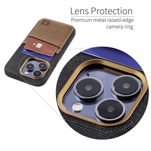 Image of Dockem Fabric Card Case for iPhone 15 Pro with Built-in Metal Plate for Magnetic Mounting, Stitched-on Genuine Leather Wallet with 2 Credit Card /ID Slots: M2F 15 Pro [Grey w /Light Brown]
