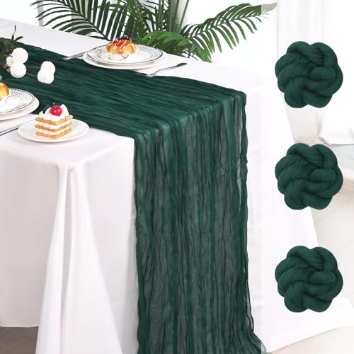 Fixwal 3 Pack Dark Green Cheesecloth Table Runners, Pleated Boho Gauze Table Runner, Long Semi-Transparent Table Decorations for Parties, Showers, Birthdays and Weddings(35x120 Inch)