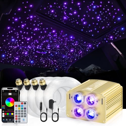 4 Colors 32W Twinkle Car Starlight Headliner Kit 1000pcs*0.03in*13.1ft with APP&RF Remote, RGBW Fiber Optic Ceiling Star Lights, 4 Port Engine Sound Activated Star Roof Lights for Car Home Theater