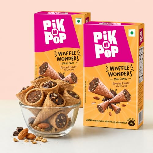 Image of Pik n Pop Almond Mini Waffle Cones 57g (Pack of 2), Crispy Cones with Creamy Almond Filling & Chunks, Whole Wheat, Non-Meltable Ready-to-Eat Snack, 100% Eggless