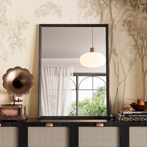 Image of WEER Black Bathroom Mirror, 56x76cm Faux Wood Frame Rectangular Wall Mirror