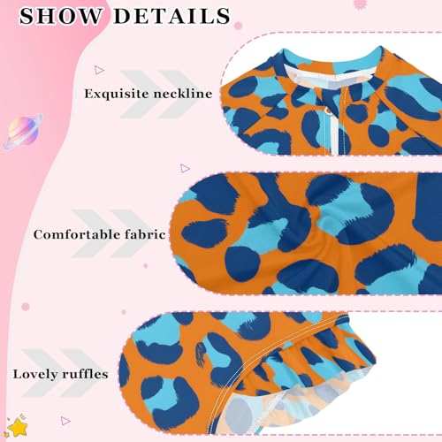 Orange Blue Leopard Pattern Girls Long Sleeve Swimsuit Rash Guard One Piece Bathing Suits Zipper 3-12T4