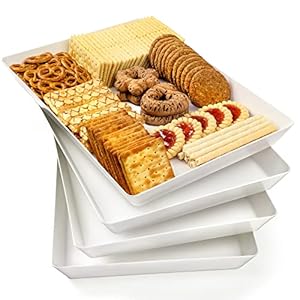 4-Pack Plastic 16″ x 11″ Large White Serving Trays Set – Reusable Serving Platters for Cookie, Appetizer, Charcuterie, Snack, Dessert, Party Food Display – Stackable Kitchen CounterTop Tray, BPA Free