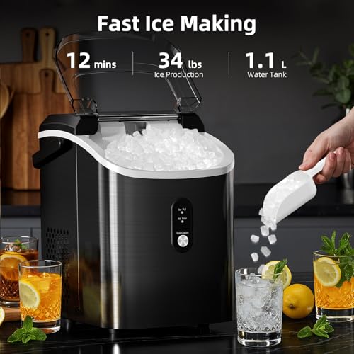 Image of Antarctic Star Nugget Ice Maker Countertop with Soft Chewable Ice, Portable Sonic Ice Maker with Basket and Scoop, Removable Top Cover, Auto-Cleaning for Home /Party /RV /Camping (Stainless Steel Black)