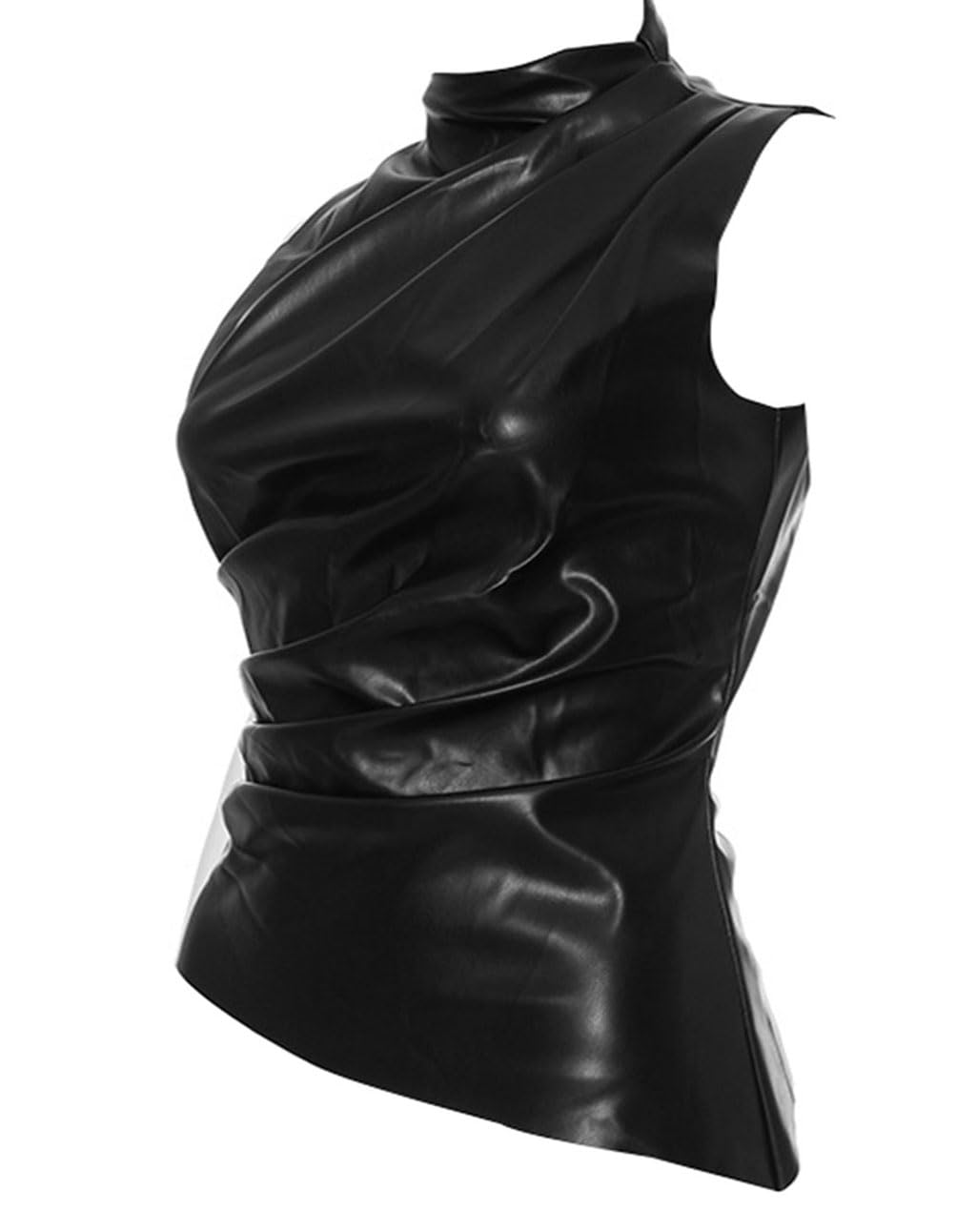 Canotta da donna in morbida pelle crop top gilet senza maniche asimmetrico increspato sexy collo a lupetto t-shirt plissettata