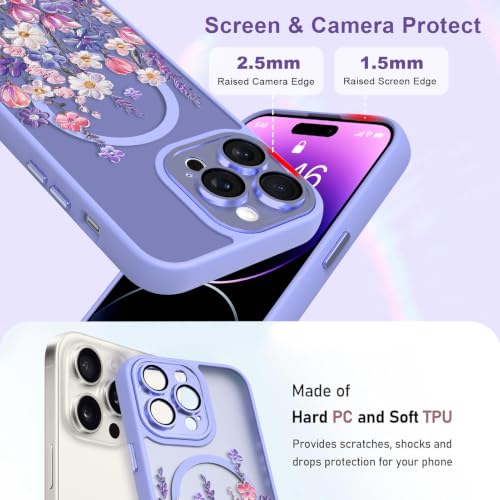 Image of Magnetic for iPhone 14 Pro Max Case with for Women, Purple Floral | Cute Oil Painting Flower Pattern Design [Compatible with MagSafe] [Full Camera Protection] Translucent Slim Shockproof Cover
