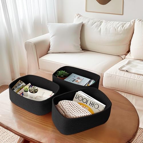 Image of MEGASKET Small Shelf Storage Baskets for Organizing, 3 Pack Mini Woven Storage Bins for Dog Toy, Book, Decorative Cotton Rope Nursery Closet Organizer, Gift Baskets Empty, 11.8 inchx7.9 inchx4.7 inch, Black