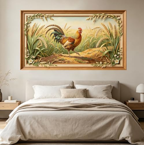 Décoration murale encadrée 3D coq et champ de blé 50x91 cm - 3