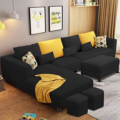 Image of Galib LHS 8 Seater L Shape Sofa Set for Living Room (Black Fabric)