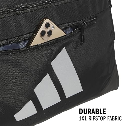 Image of adidas Defender 5 Duffel Bag for Sports, Gym and Travel, Black /Silver Metallic, OSFA | Premium Duffle, Sports, Gym, Travel