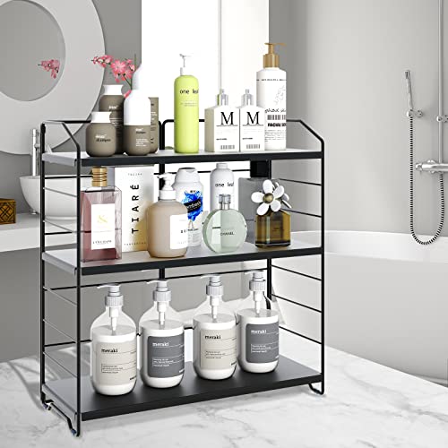 Boivshi 3-Tier Bathroom Countertop Rack Organizer, 8-Levels Height Adjustable Organizer Countertop Storage Shelf For Bathroom Kitchen Spice Rack Vanity Tray Cosmetic Storage Holder, Metal Black #TOP1