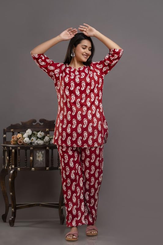 Image of Pure Cotton Printed Night Suit Top and Pyjama Set for Women's Night Dress of Shirt & Pyjama Set for Womens