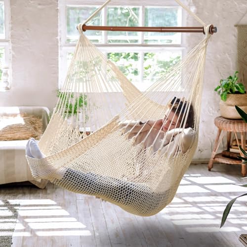 Upgraded Caribbean Hammock Chair with Detachable Metal Bar, Large Hammock Swing Chair, XL Rope Hanging Chair for Outdoor Indoor, 330lbs Weight Capacit