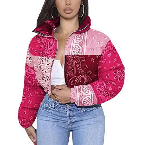 PUWEI Women s Down Jackets Shiny Short Puffer Jackets Bandana Printed Cropped Coats (1905-RoseRed-XS)